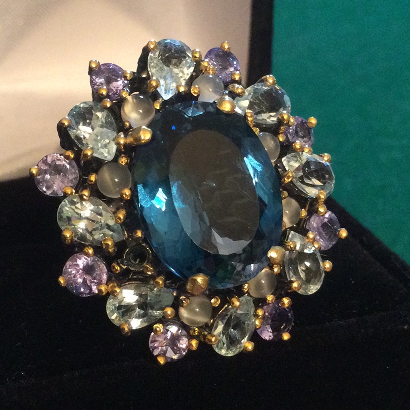 One Of A Kind Genuine London Blue Topaz With Tanzanite Moonstone Ring 595$